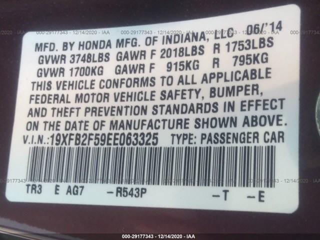 Photo 8 VIN: 19XFB2F59EE063325 - HONDA CIVIC SEDAN 