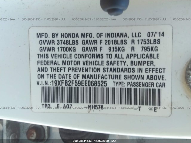 Photo 8 VIN: 19XFB2F59EE068525 - HONDA CIVIC SEDAN 