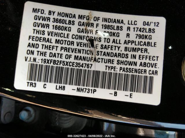 Photo 8 VIN: 19XFB2F5XCE354767 - HONDA CIVIC 