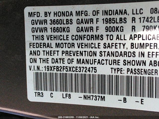 Photo 8 VIN: 19XFB2F5XCE372475 - HONDA CIVIC SDN 