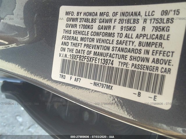 Photo 8 VIN: 19XFB2F5XFE113974 - HONDA CIVIC SEDAN 