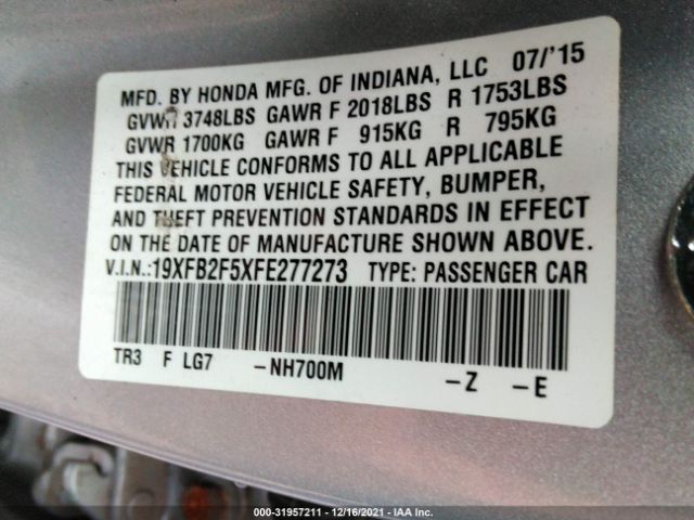 Photo 8 VIN: 19XFB2F5XFE277273 - HONDA CIVIC SEDAN 