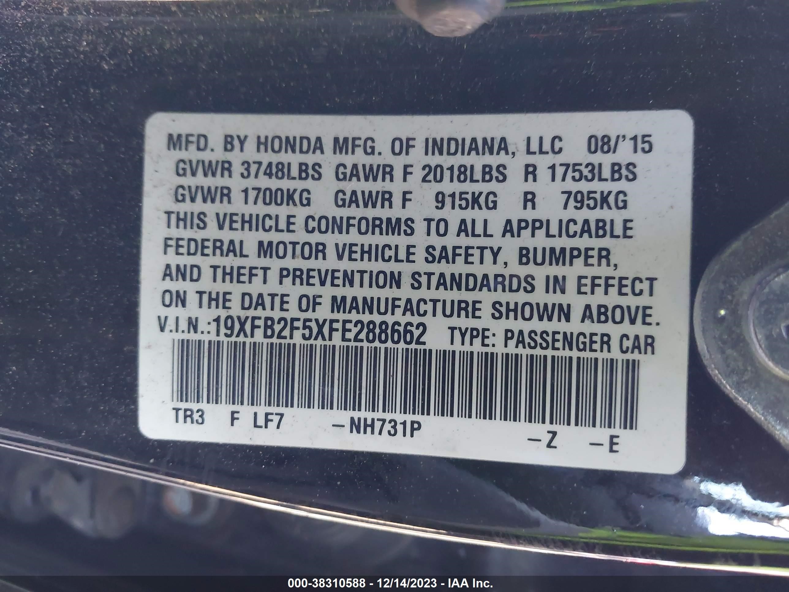 Photo 8 VIN: 19XFB2F5XFE288662 - HONDA CIVIC 