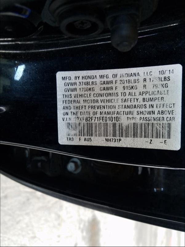 Photo 9 VIN: 19XFB2F71FE010105 - HONDA CIVIC SE 