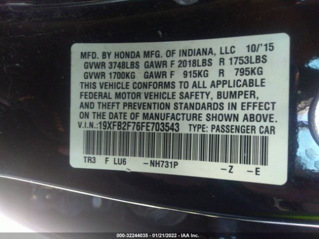 Photo 8 VIN: 19XFB2F76FE703543 - HONDA CIVIC SEDAN 