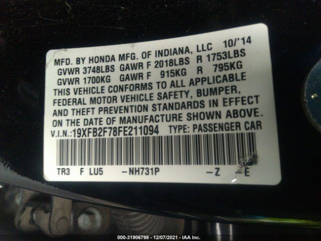 Photo 8 VIN: 19XFB2F78FE211094 - HONDA CIVIC SEDAN 