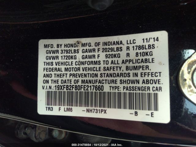 Photo 8 VIN: 19XFB2F80FE217660 - HONDA CIVIC SEDAN 