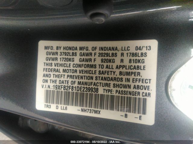 Photo 8 VIN: 19XFB2F81DE239938 - HONDA CIVIC SDN 