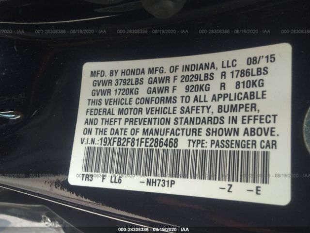 Photo 8 VIN: 19XFB2F81FE286468 - HONDA CIVIC SEDAN 