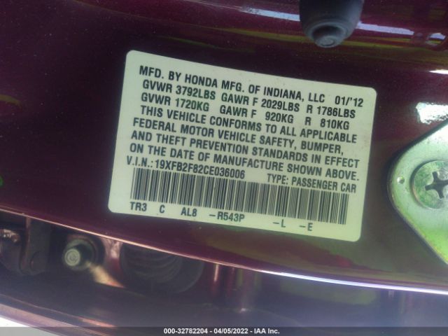 Photo 8 VIN: 19XFB2F82CE036006 - HONDA CIVIC SDN 