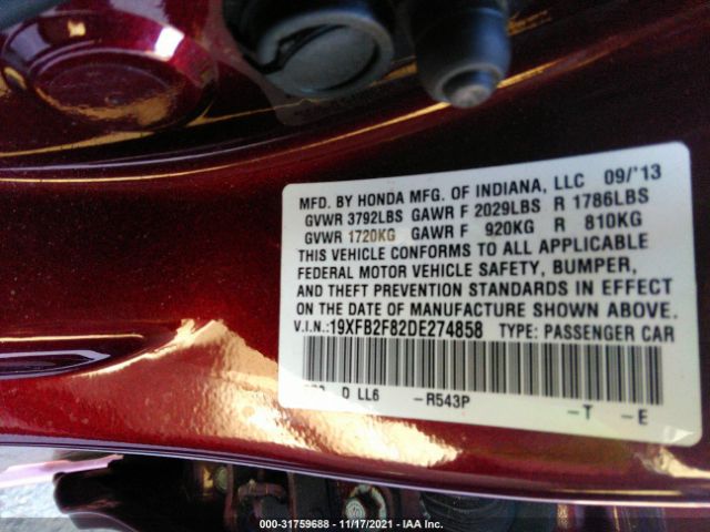 Photo 8 VIN: 19XFB2F82DE274858 - HONDA CIVIC SDN 