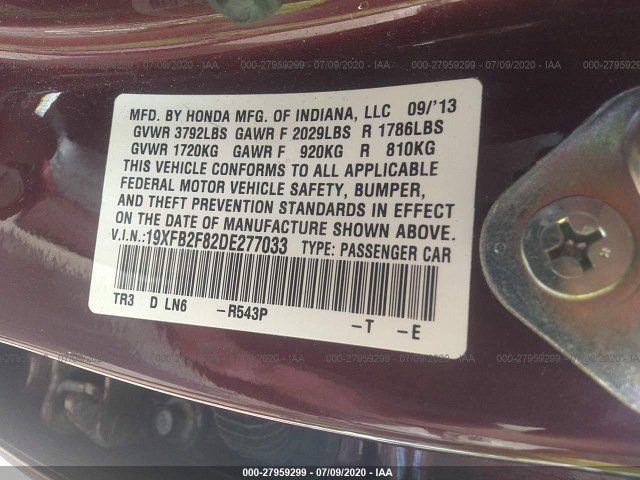 Photo 8 VIN: 19XFB2F82DE277033 - HONDA CIVIC SDN 