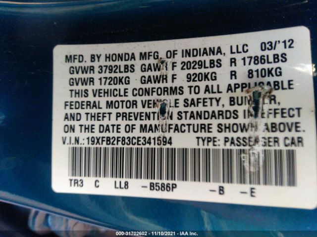 Photo 8 VIN: 19XFB2F83CE341594 - HONDA CIVIC SDN 