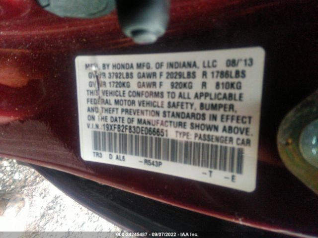 Photo 8 VIN: 19XFB2F83DE066651 - HONDA CIVIC SDN 