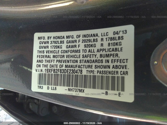 Photo 8 VIN: 19XFB2F83DE230478 - HONDA CIVIC SDN 