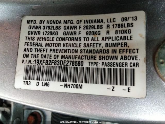 Photo 8 VIN: 19XFB2F83DE278580 - HONDA CIVIC SDN 