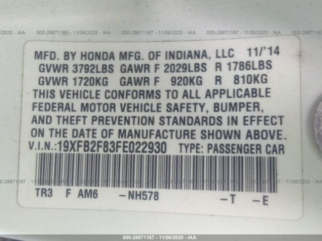 Photo 8 VIN: 19XFB2F83FE022930 - HONDA CIVIC SEDAN 