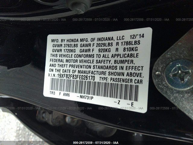 Photo 8 VIN: 19XFB2F83FE026170 - HONDA CIVIC SEDAN 