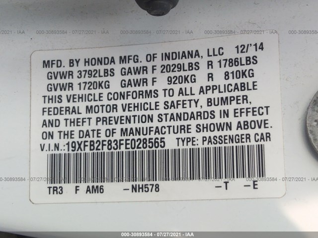 Photo 8 VIN: 19XFB2F83FE028565 - HONDA CIVIC EX 