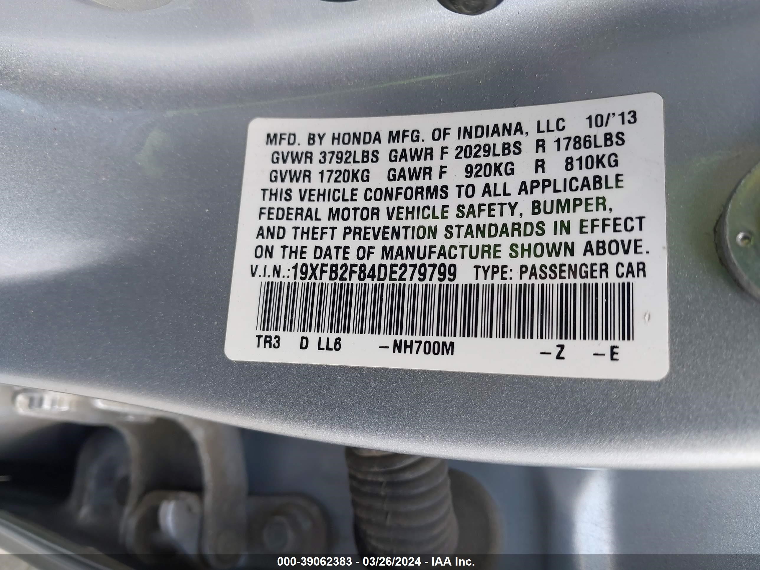 Photo 8 VIN: 19XFB2F84DE279799 - HONDA CIVIC 