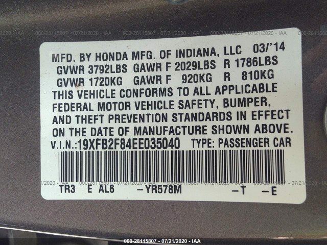 Photo 8 VIN: 19XFB2F84EE035040 - HONDA CIVIC SEDAN 