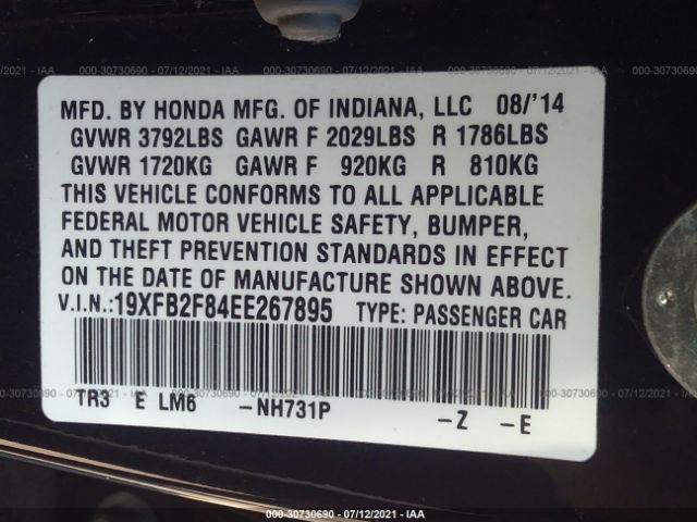 Photo 8 VIN: 19XFB2F84EE267895 - HONDA CIVIC EX 