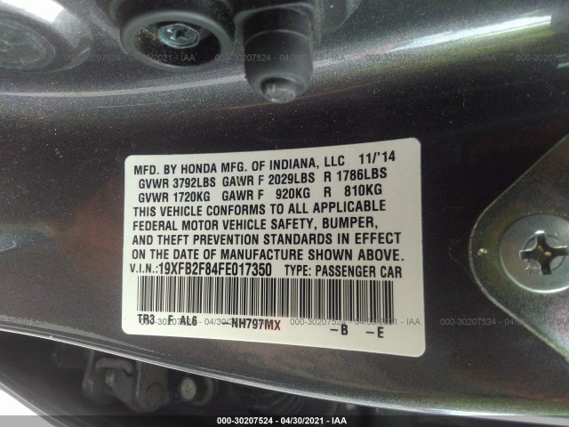 Photo 8 VIN: 19XFB2F84FE017350 - HONDA CIVIC SEDAN 