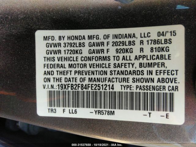 Photo 8 VIN: 19XFB2F84FE251214 - HONDA CIVIC SEDAN 