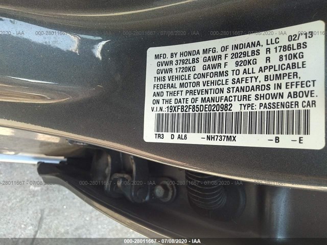 Photo 8 VIN: 19XFB2F85DE020982 - HONDA CIVIC 