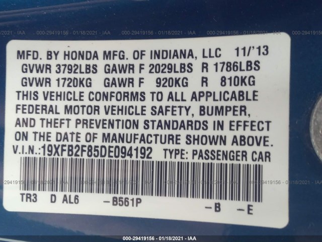 Photo 8 VIN: 19XFB2F85DE094192 - HONDA CIVIC SDN 