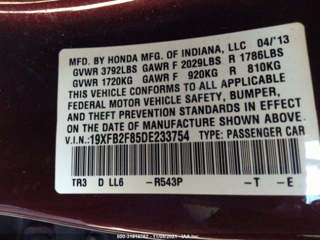 Photo 8 VIN: 19XFB2F85DE233754 - HONDA CIVIC SDN 