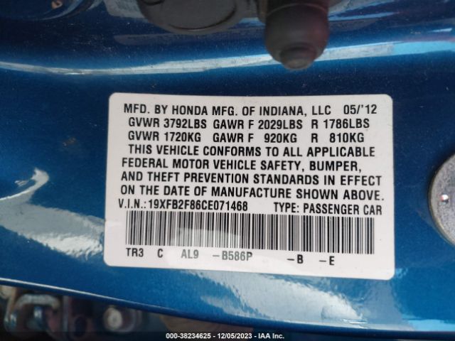 Photo 8 VIN: 19XFB2F86CE071468 - HONDA CIVIC SDN 