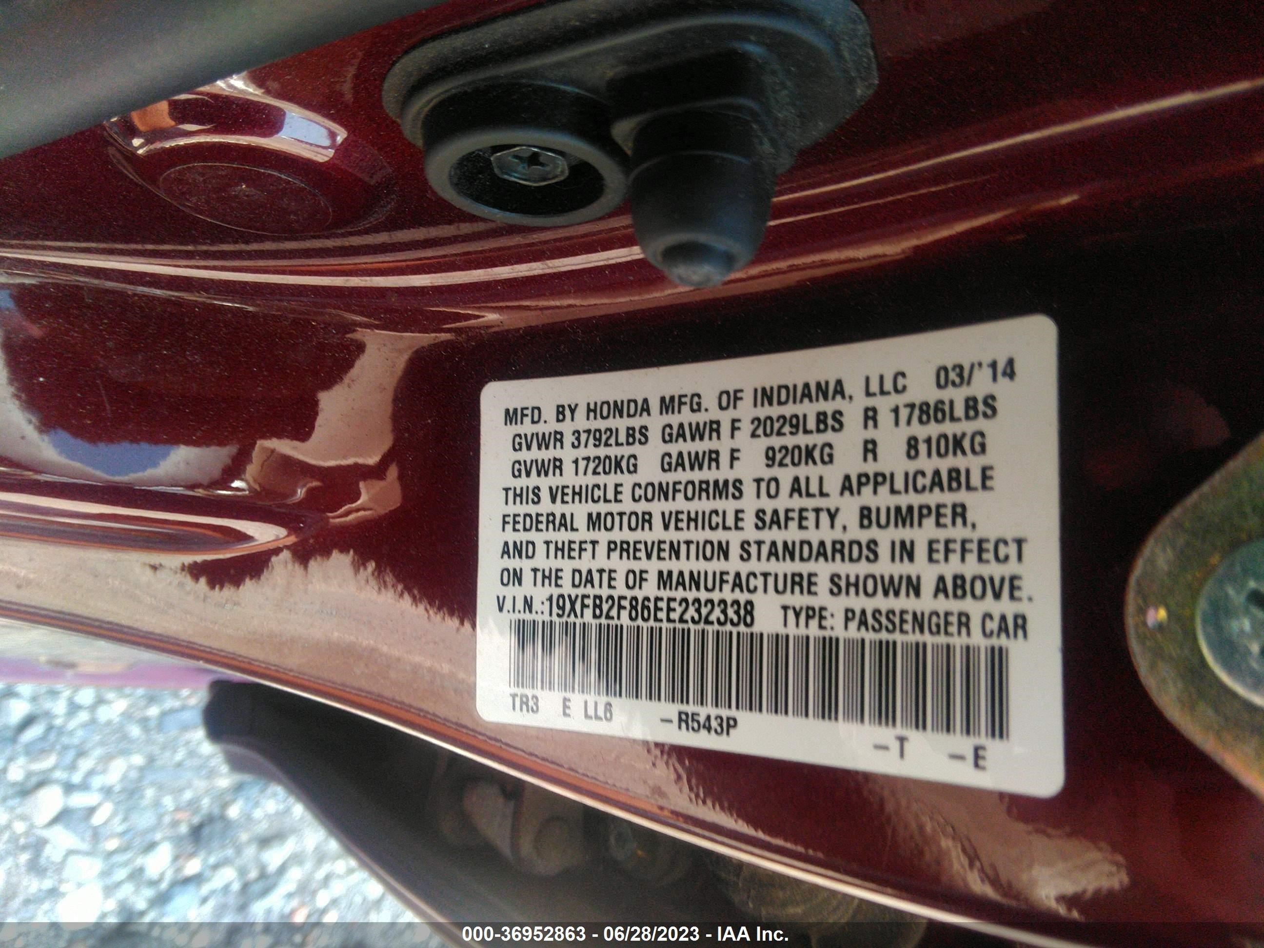 Photo 8 VIN: 19XFB2F86EE232338 - HONDA CIVIC 