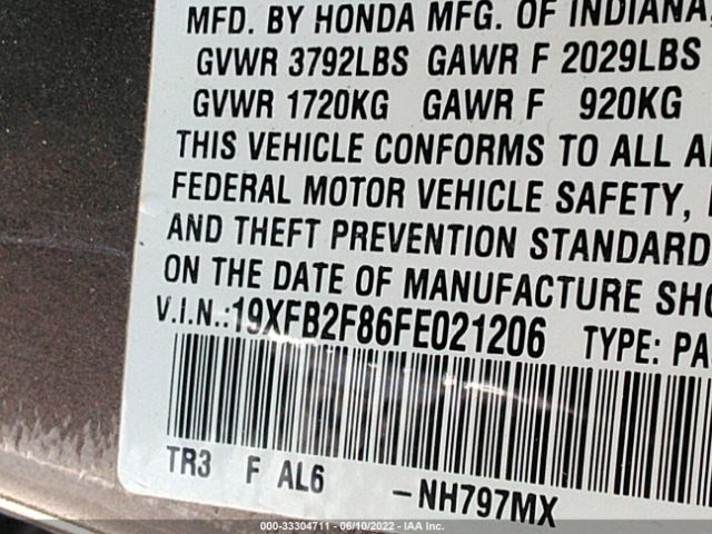 Photo 8 VIN: 19XFB2F86FE021206 - HONDA CIVIC SEDAN 