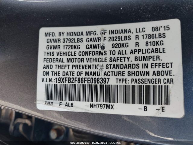 Photo 8 VIN: 19XFB2F86FE098397 - HONDA CIVIC 