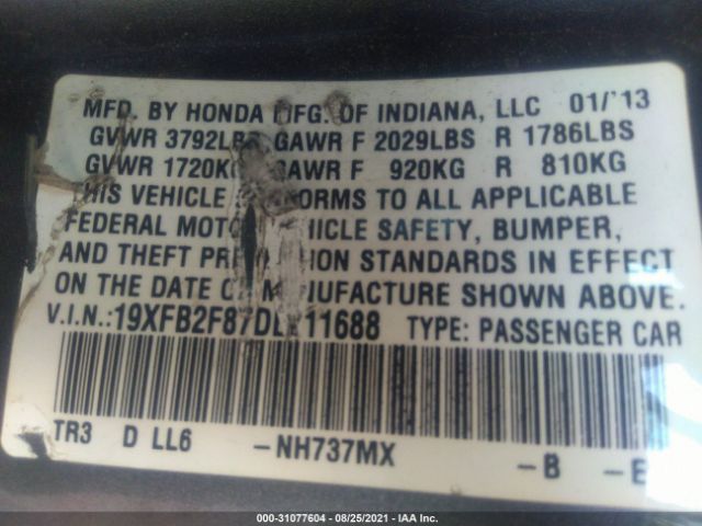 Photo 8 VIN: 19XFB2F87DE211688 - HONDA CIVIC SDN 