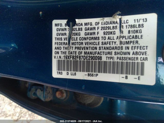 Photo 8 VIN: 19XFB2F87DE290098 - HONDA CIVIC SDN 