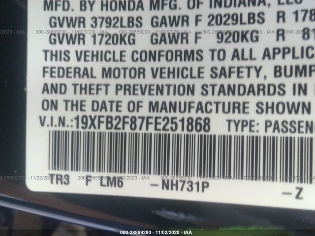 Photo 8 VIN: 19XFB2F87FE251868 - HONDA CIVIC SEDAN 