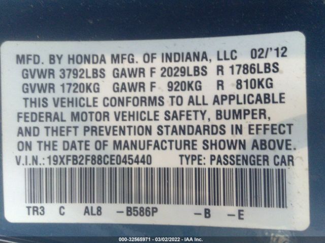 Photo 8 VIN: 19XFB2F88CE045440 - HONDA CIVIC SDN 