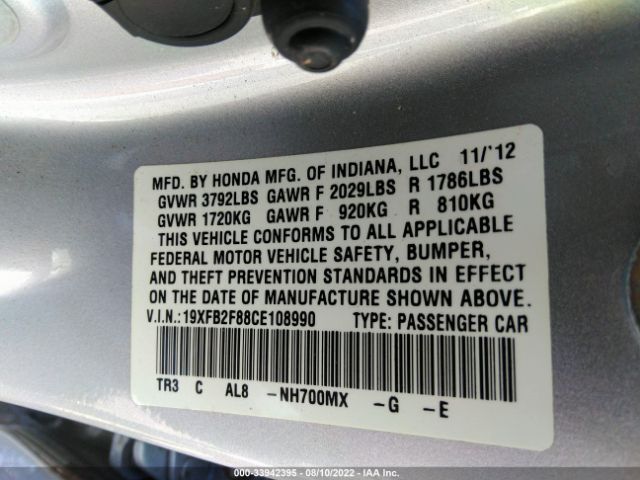 Photo 8 VIN: 19XFB2F88CE108990 - HONDA CIVIC SDN 