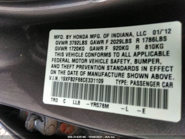 Photo 8 VIN: 19XFB2F88CE331109 - HONDA CIVIC SDN 