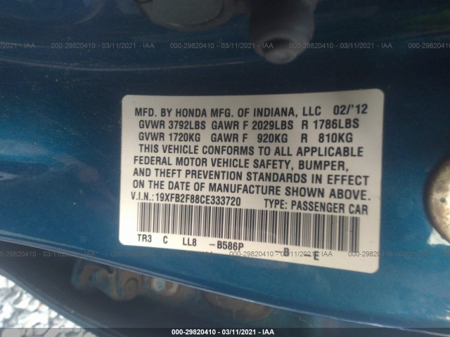 Photo 8 VIN: 19XFB2F88CE333720 - HONDA CIVIC SDN 