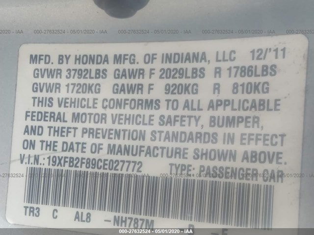 Photo 8 VIN: 19XFB2F89CE027772 - HONDA CIVIC SDN 