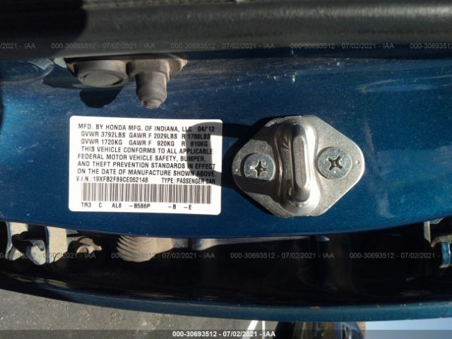 Photo 8 VIN: 19XFB2F89CE062148 - HONDA CIVIC SDN 