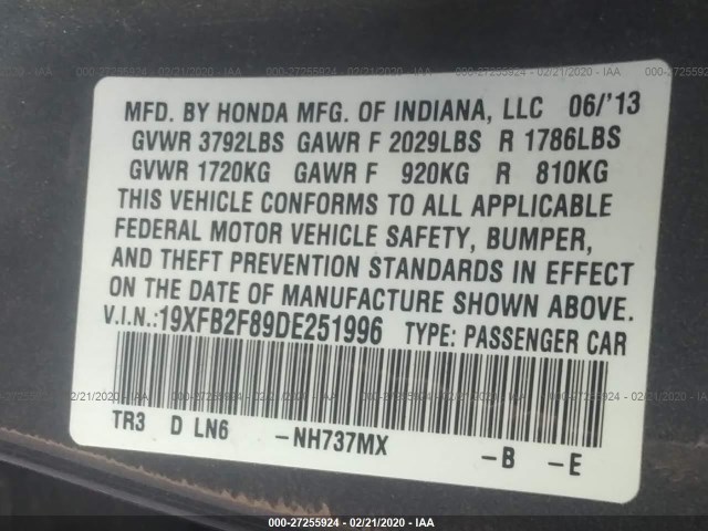 Photo 8 VIN: 19XFB2F89DE251996 - HONDA CIVIC SDN 