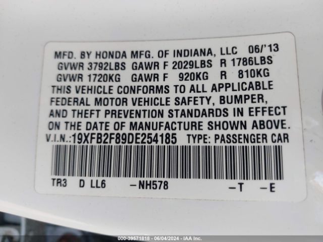 Photo 8 VIN: 19XFB2F89DE254185 - HONDA CIVIC 