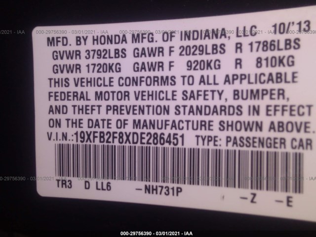 Photo 8 VIN: 19XFB2F8XDE286451 - HONDA CIVIC SDN 