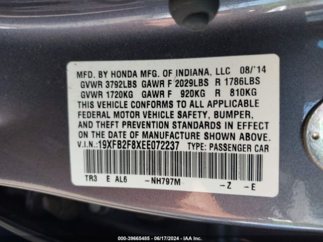 Photo 8 VIN: 19XFB2F8XEE072237 - HONDA CIVIC 