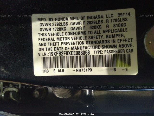 Photo 8 VIN: 19XFB2F8XEE083058 - HONDA CIVIC SEDAN 