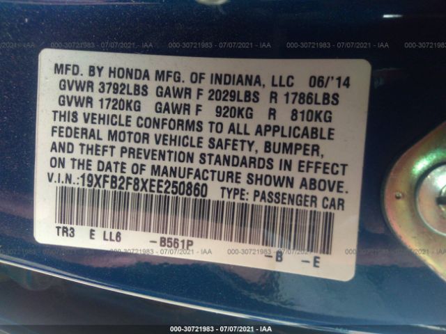 Photo 8 VIN: 19XFB2F8XEE250860 - HONDA CIVIC SEDAN 